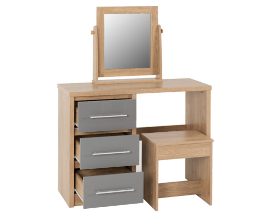 Santos 3 Drawer Dressing Table Set - Grey High Gloss/Light Oak Effect Veneer
