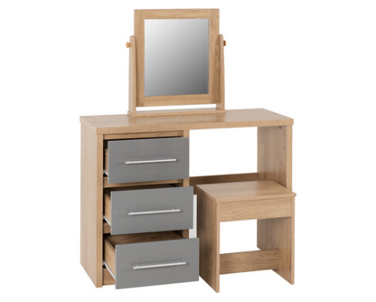 Santos 3 Drawer Dressing Table Set - Grey High Gloss/Light Oak Effect Veneer