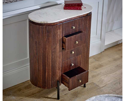 Olin Mango Wood Wide Chest Of Drawers with Marble Top & Metal Legs