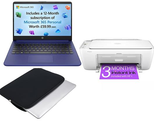 HP Stream 14" Intel Laptop 128GB Blue with HP DeskJet Wireless Printer & Protective Case