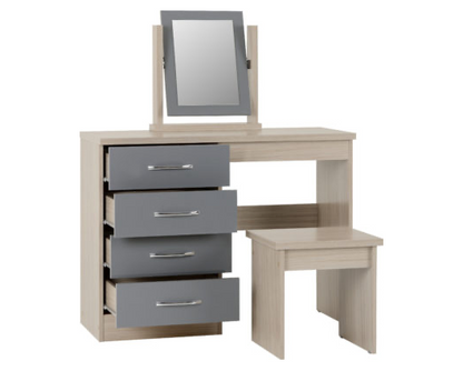 Neptune 4 Drawer Dressing Table Set - Grey Gloss/Light Oak Effect Veneer