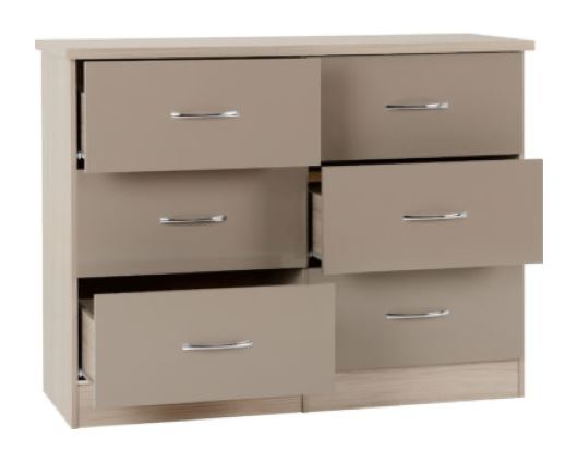 Neptune 6 Drawer Chest - Oyster Gloss/Light Oak Effect Veneer