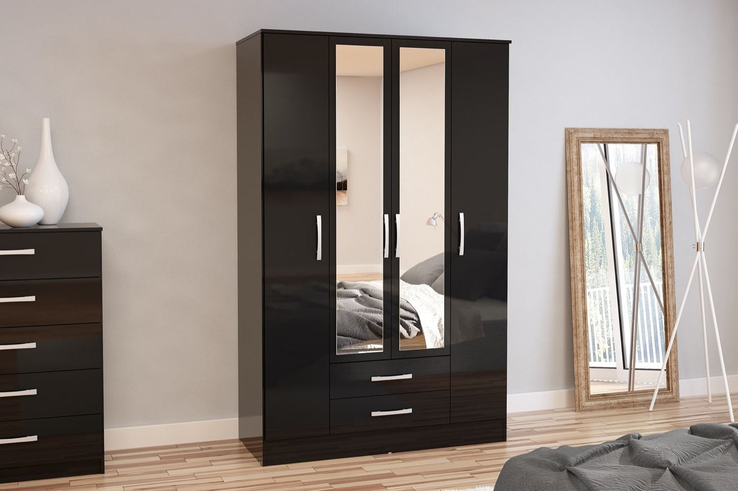 Larz 4 Door 2 Drawer Wardrobe With Mirror - Black