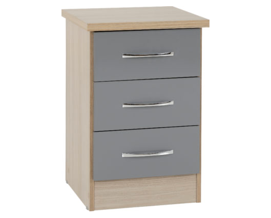 Neptune 3 Drawer Bedside Chest - Grey Gloss/Light Oak Effect Veneer