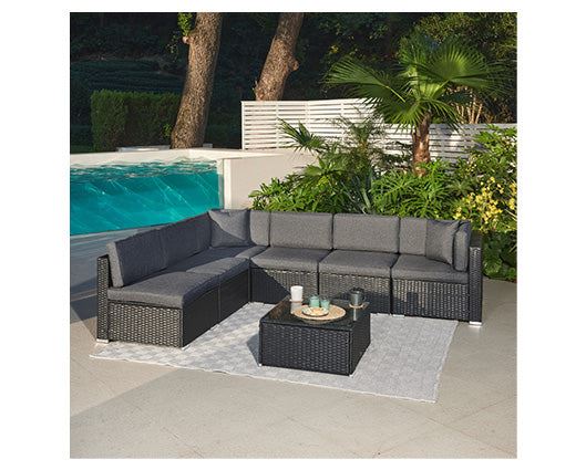 7 Pcs Black Rattan Lounge Grey Cushions