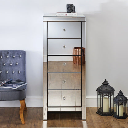 Seville 5 Drawer Narrow Chest - Mirrored