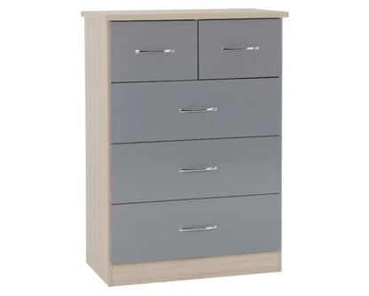 Neptune 3+2 Drawer Chest - Grey Gloss/Light Oak Effect Veneer