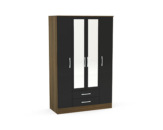 Lynx 4 Door 2 Drawer Wardrobe With Mirror- Walnut & Black