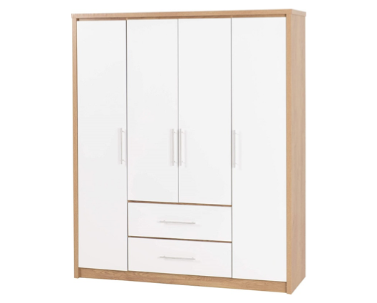 Santos 4 Door 2 Drawer Wardrobe - White High Gloss/Light Oak Effect Veneer