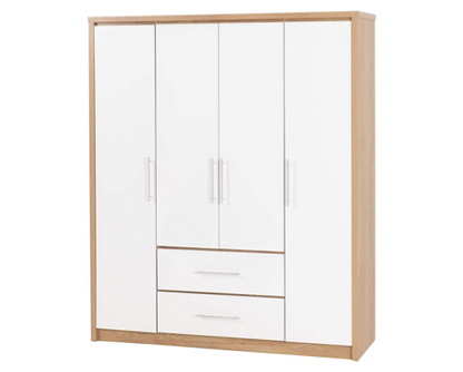 Santos 4 Door 2 Drawer Wardrobe - White High Gloss/Light Oak Effect Veneer