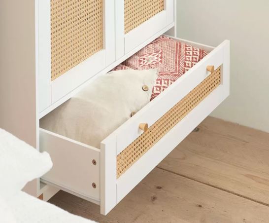 Catalina 2 Door 1 Drawer Rattan Wardrobe- White