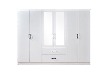 6 Door Wardrobe - White (Black Handles)