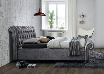 Charlton Side Lift Ottoman King Bed - Steel Crushed Velvet