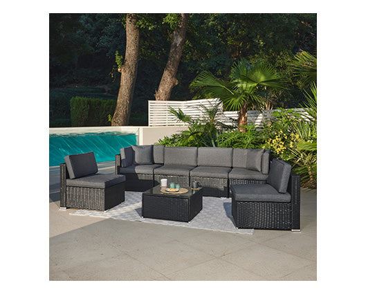 7 Pcs Black Rattan Lounge Grey Cushions