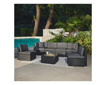 7 Pcs Black Rattan Lounge Grey Cushions