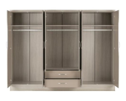 Neptune 6 Door 2 Drawer Mirrored Wardrobe - Oyster Gloss/Light Oak Effect Veneer
