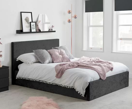 Berlin Crushed Velvet Fabric Ottoman King Bed - Black
