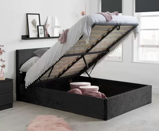 Berlin Crushed Velvet Fabric Ottoman King Bed - Black