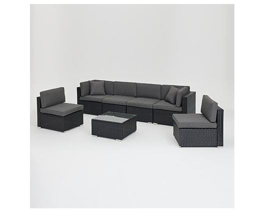 7 Pcs Black Rattan Lounge Grey Cushions