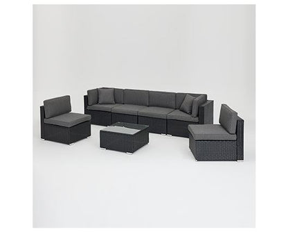 7 Pcs Black Rattan Lounge Grey Cushions