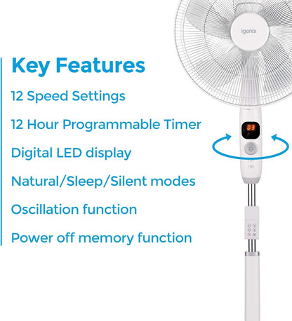 Igenix 16" Digital DC Motor Pedestal Fan - White