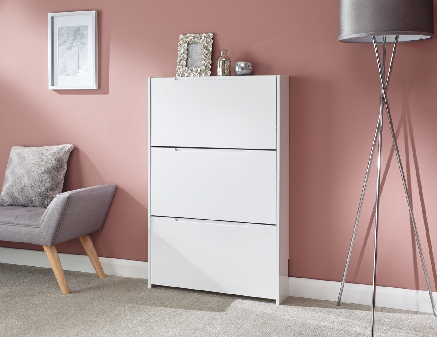 Slim High Gloss 3 Tier Shoe Cabinet-White