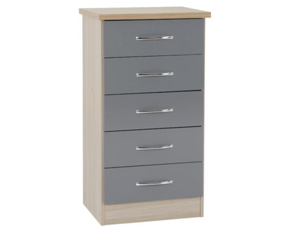 Neptune 5 Drawer Narrow Chest - Grey Gloss/Light Oak Effect Veneer