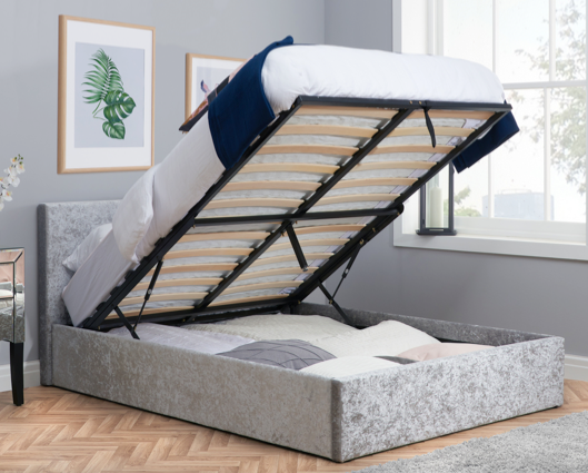 Beda Fabric Ottoman Single Bed - Steel Crushed Velvet