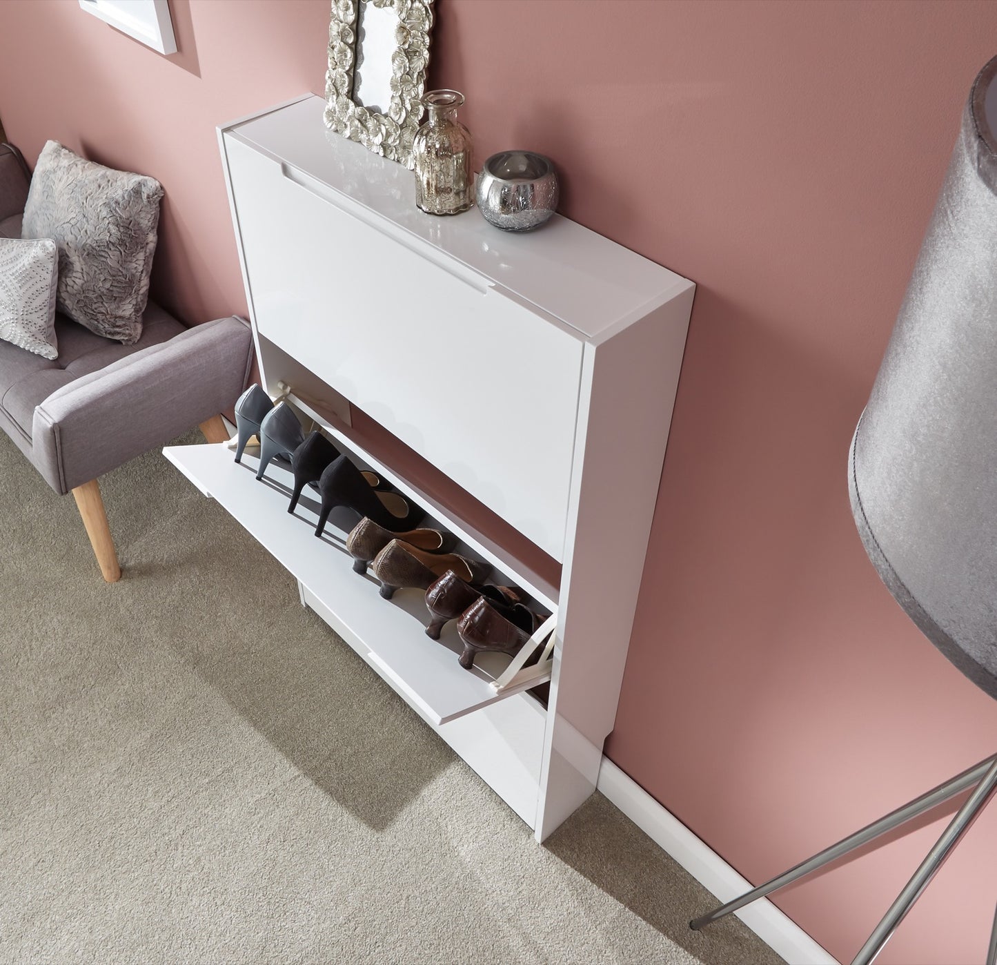 Slim High Gloss 3 Tier Shoe Cabinet-White