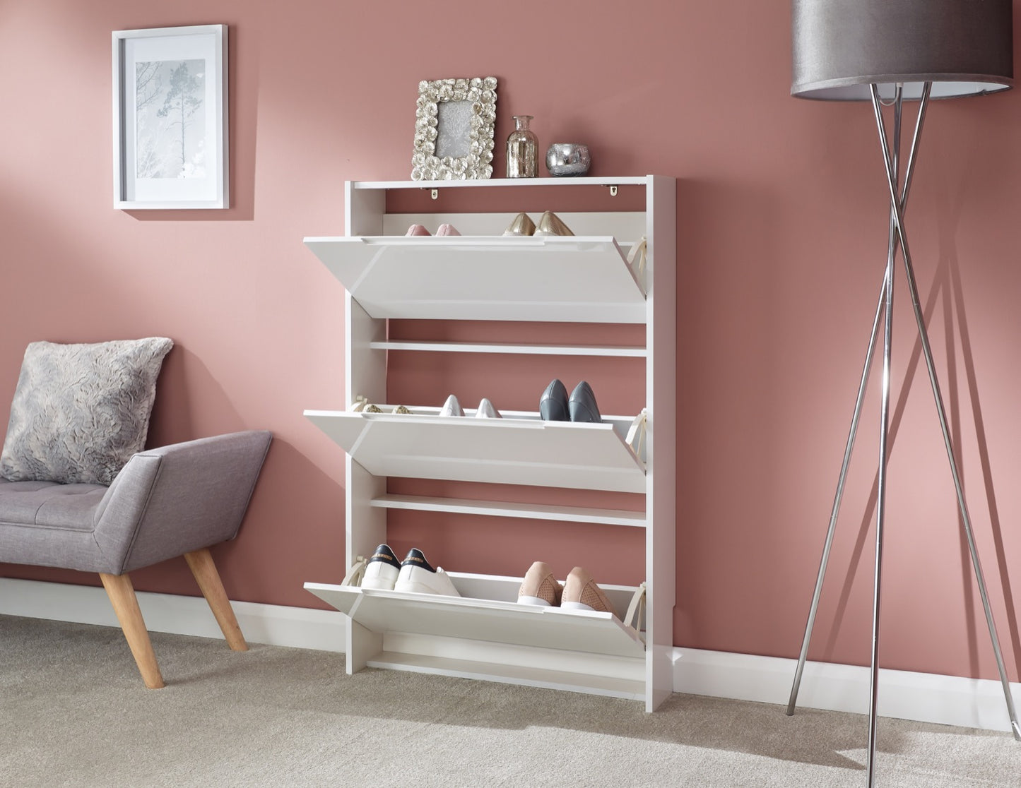 Slim High Gloss 3 Tier Shoe Cabinet-White